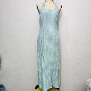 y2k Old Money Preppy Blue and white plaid halter maxi dress